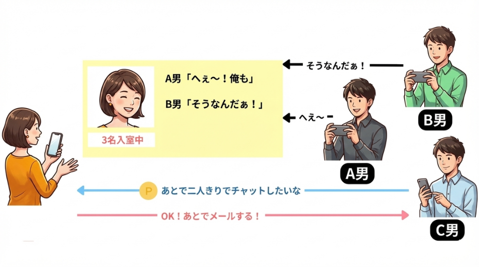 個別メッセージ機能の概念図（パーティー中に相手だけに送れる）