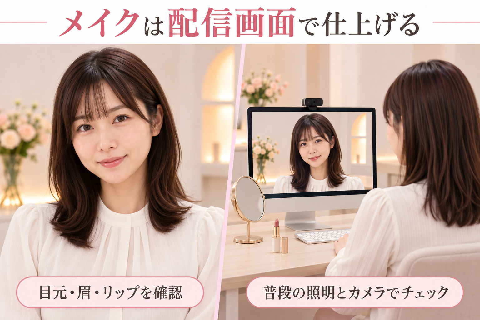 普段の照明とカメラで、目元・眉・リップを確認。