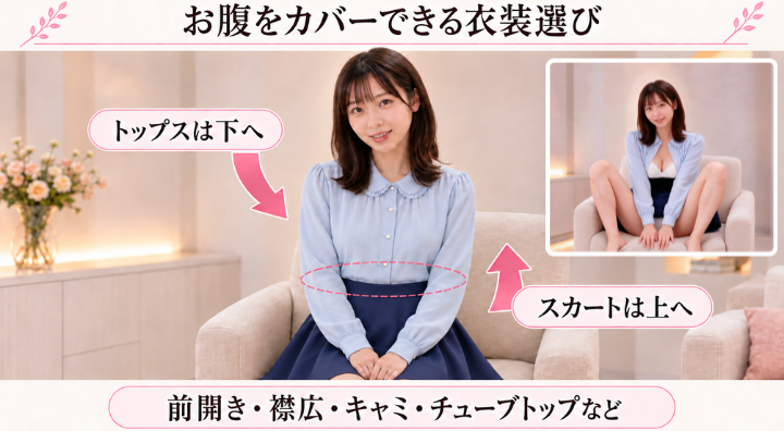 お腹をカバーできる衣装選び。前開き・襟広・キャミ・チューブトップなどが選択肢。