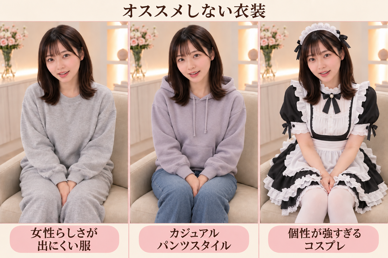 女性らしさが出にくい服、カジュアルパンツスタイル、個性が強すぎるコスプレの例。
