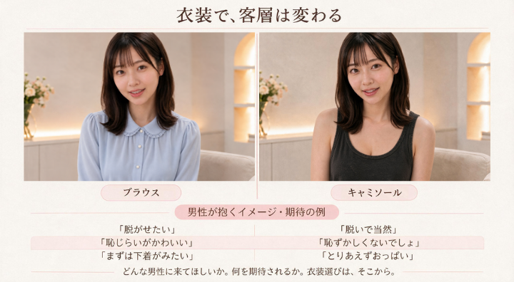 衣装で客層は変わる。どんな男性に来てほしいか、何を期待されるかを考えて選びましょう。