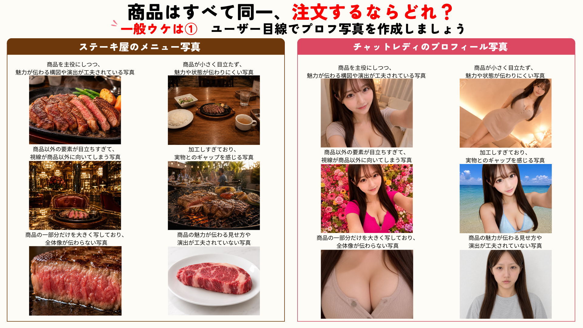 商品はすべて同一、注文するならどれ?ステーキ屋のメニュー写真とチャットレディのプロフィール写真の比較