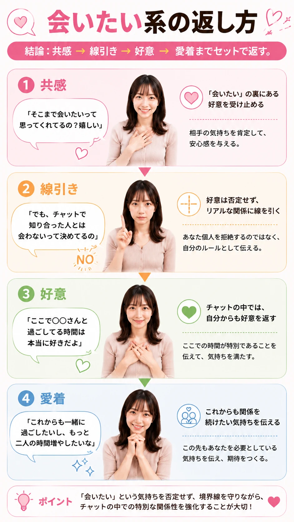 チャットレディが会いたいと言われたときの共感・線引き・好意・愛着の4ステップ