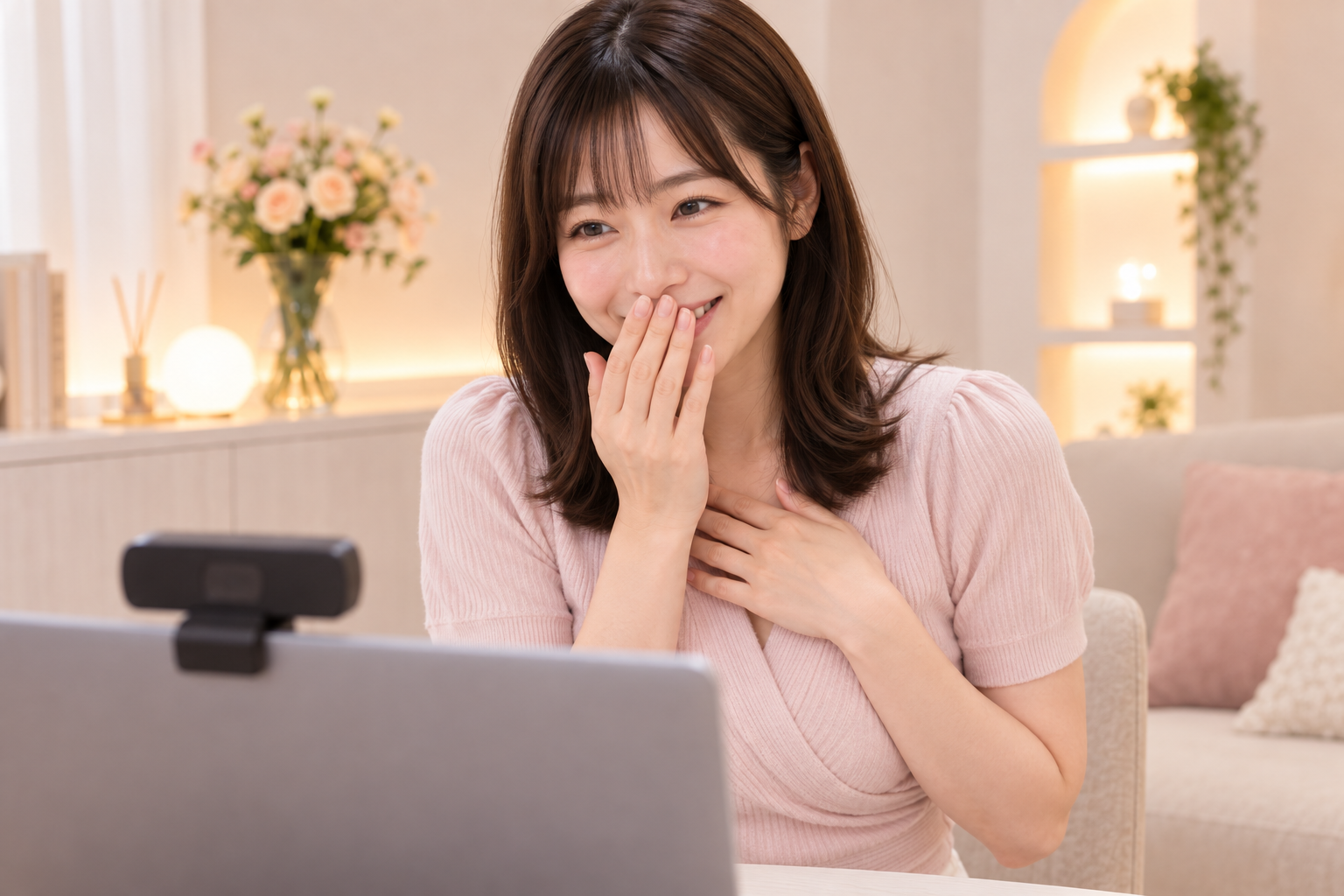相手の言葉に照れた表情と仕草で応える成人女性のチャットレディ