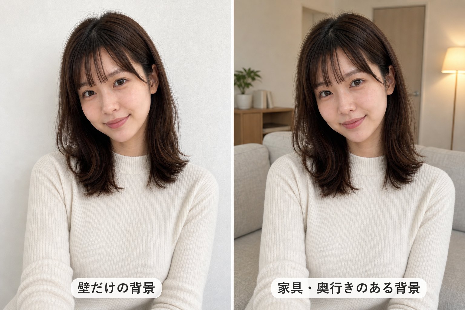 白い壁だけの背景と、家具や間接照明で奥行きのある背景の比較