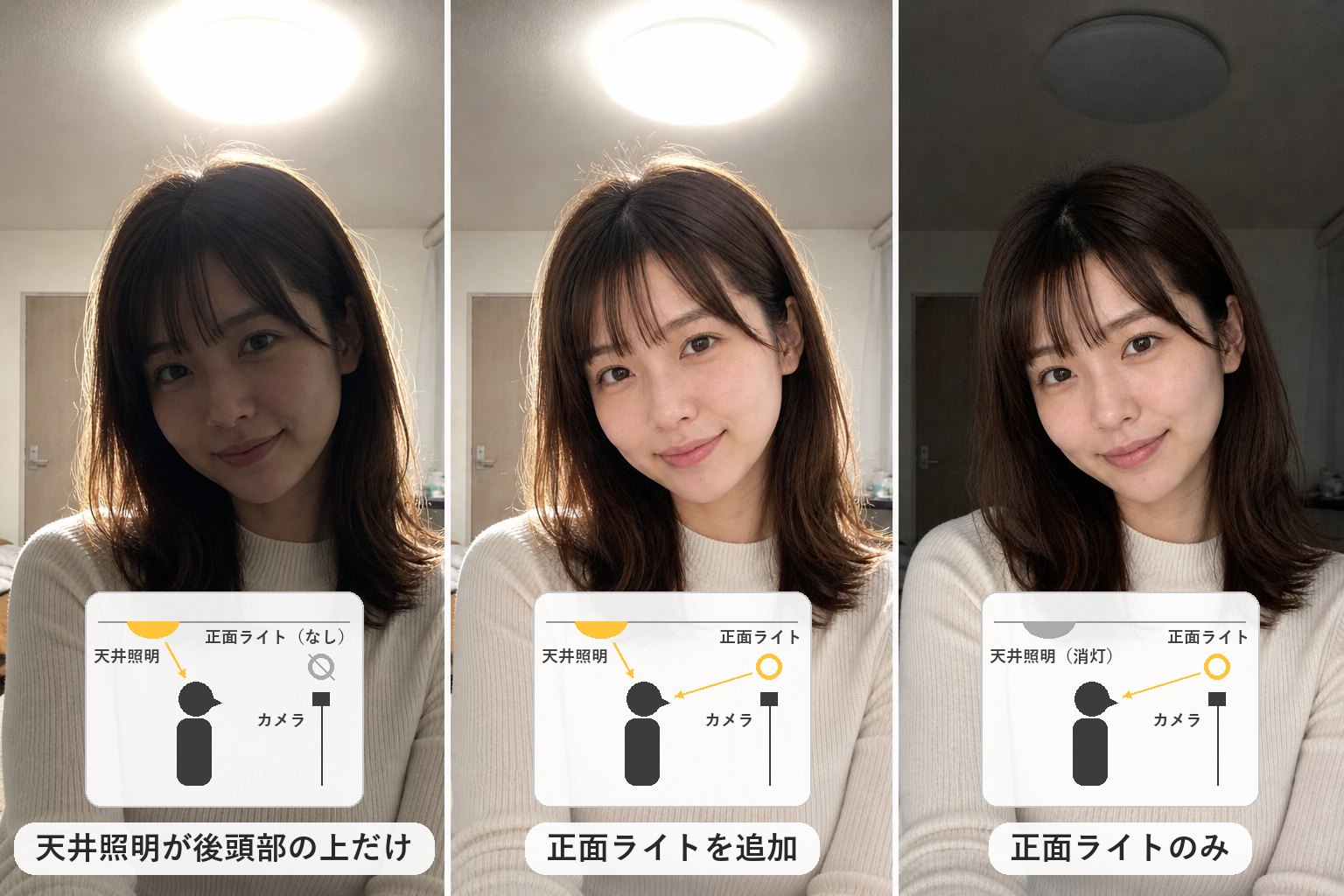 天井照明が後頭部の上にある場合、正面ライトを追加した場合、正面ライトのみの場合の顔の映りと、横から見たライトの位置関係の比較