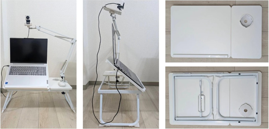 小型PCテーブルの使用例。ノートPCとアーム付きWEBカメラを置いた様子、天板の角度を変えた様子、天板の表と裏