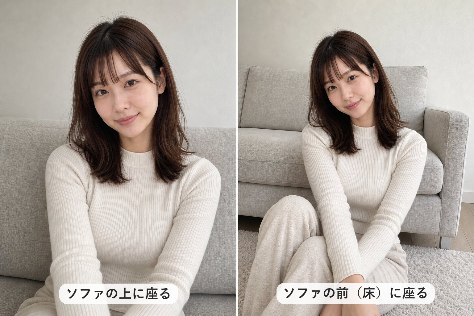 ソファの上に座った構図と、ソファの前の床に座った構図の比較
